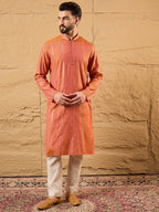 Men Orange Pure Cotton Solid Embroidered Straight Kurta with Trouser-MKSET1196