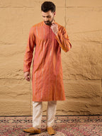 Men Orange Pure Cotton Solid Embroidered Straight Kurta with Trouser-MKSET1196
