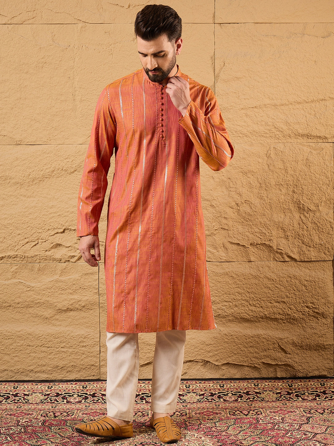Men Orange Pure Cotton Solid Embroidered Straight Kurta with Trouser-MKSET1196