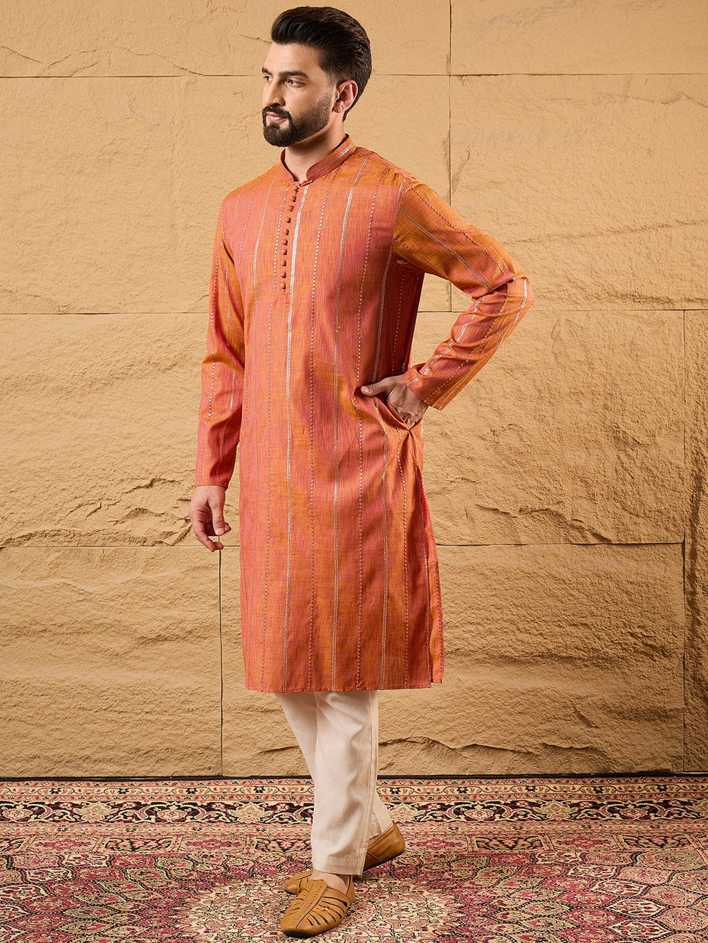 Men Orange Pure Cotton Solid Embroidered Straight Kurta with Trouser-MKSET1196