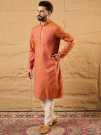 Men Orange Pure Cotton Solid Embroidered Straight Kurta with Trouser-MKSET1196