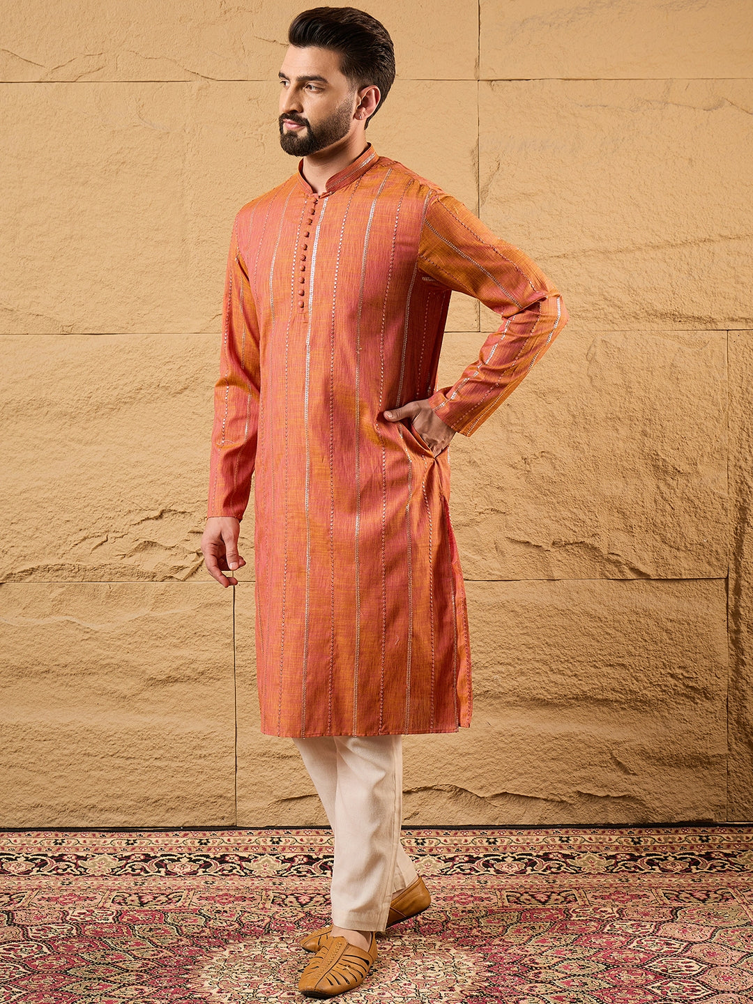 Men Orange Pure Cotton Solid Embroidered Straight Kurta with Trouser-MKSET1196