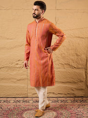 Men Orange Pure Cotton Solid Embroidered Straight Kurta with Trouser-MKSET1196