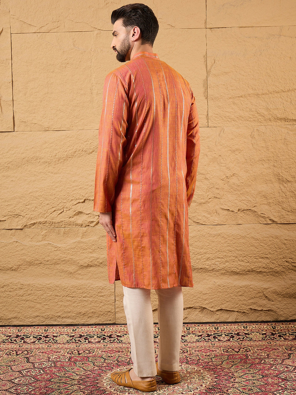 Men Orange Pure Cotton Solid Embroidered Straight Kurta with Trouser-MKSET1196