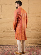 Men Orange Pure Cotton Solid Embroidered Straight Kurta with Trouser-MKSET1196