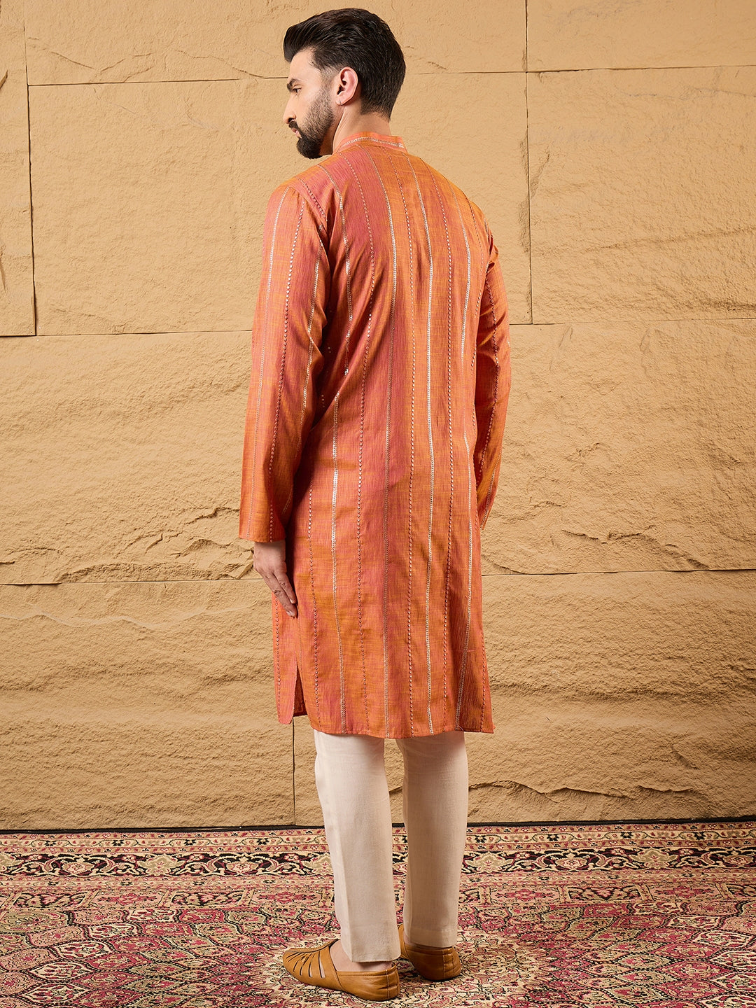 Men Orange Pure Cotton Solid Embroidered Straight Kurta with Trouser-MKSET1196
