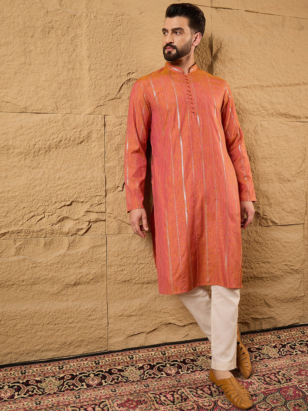 Men Orange Pure Cotton Solid Embroidered Straight Kurta with Trouser-MKSET1196