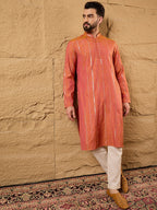 Men Orange Pure Cotton Solid Embroidered Straight Kurta with Trouser-MKSET1196