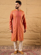 Men Orange Pure Cotton Solid Embroidered Straight Kurta with Trouser-MKSET1196