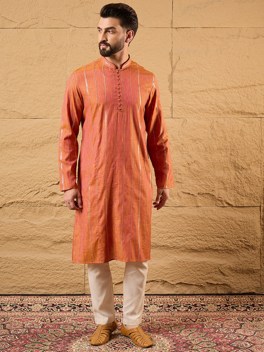 Men Orange Pure Cotton Solid Embroidered Straight Kurta with Trouser-MKSET1196