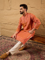Men Orange Pure Cotton Solid Embroidered Straight Kurta with Trouser-MKSET1196
