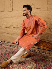 Men Orange Pure Cotton Solid Embroidered Straight Kurta with Trouser-MKSET1196
