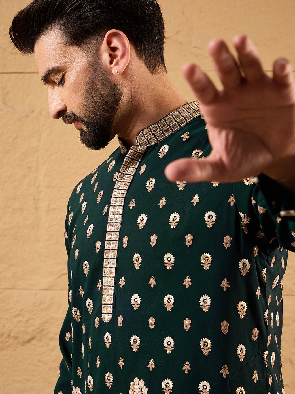 Men Green Georgette Solid Embroidered Straight Kurta with Trouser-MKSET1199