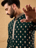 Men Green Georgette Solid Embroidered Straight Kurta with Trouser-MKSET1199