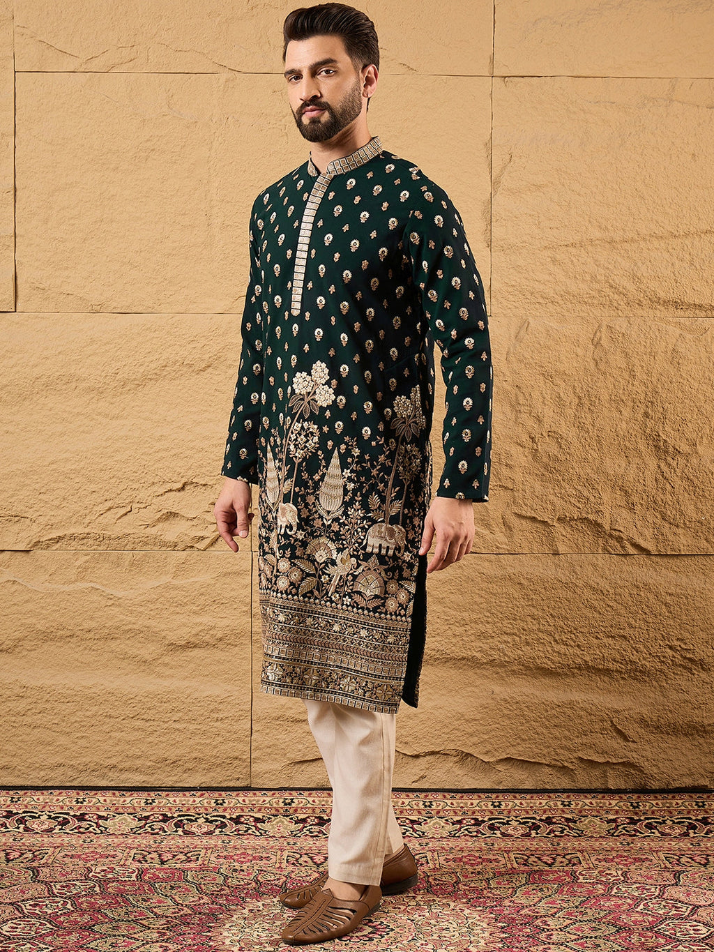 Men Green Georgette Solid Embroidered Straight Kurta with Trouser-MKSET1199