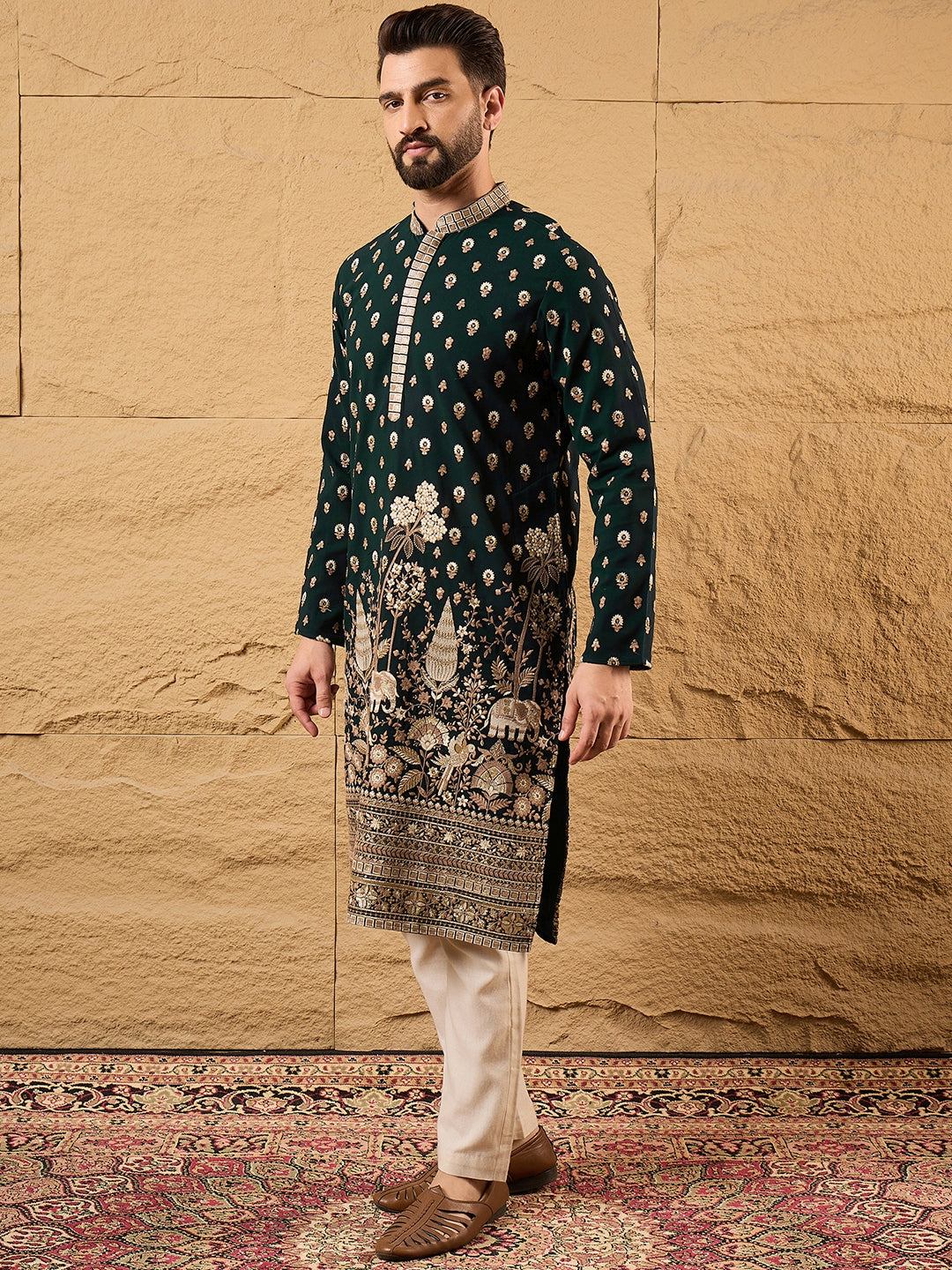 Men Green Georgette Solid Embroidered Straight Kurta with Trouser-MKSET1199