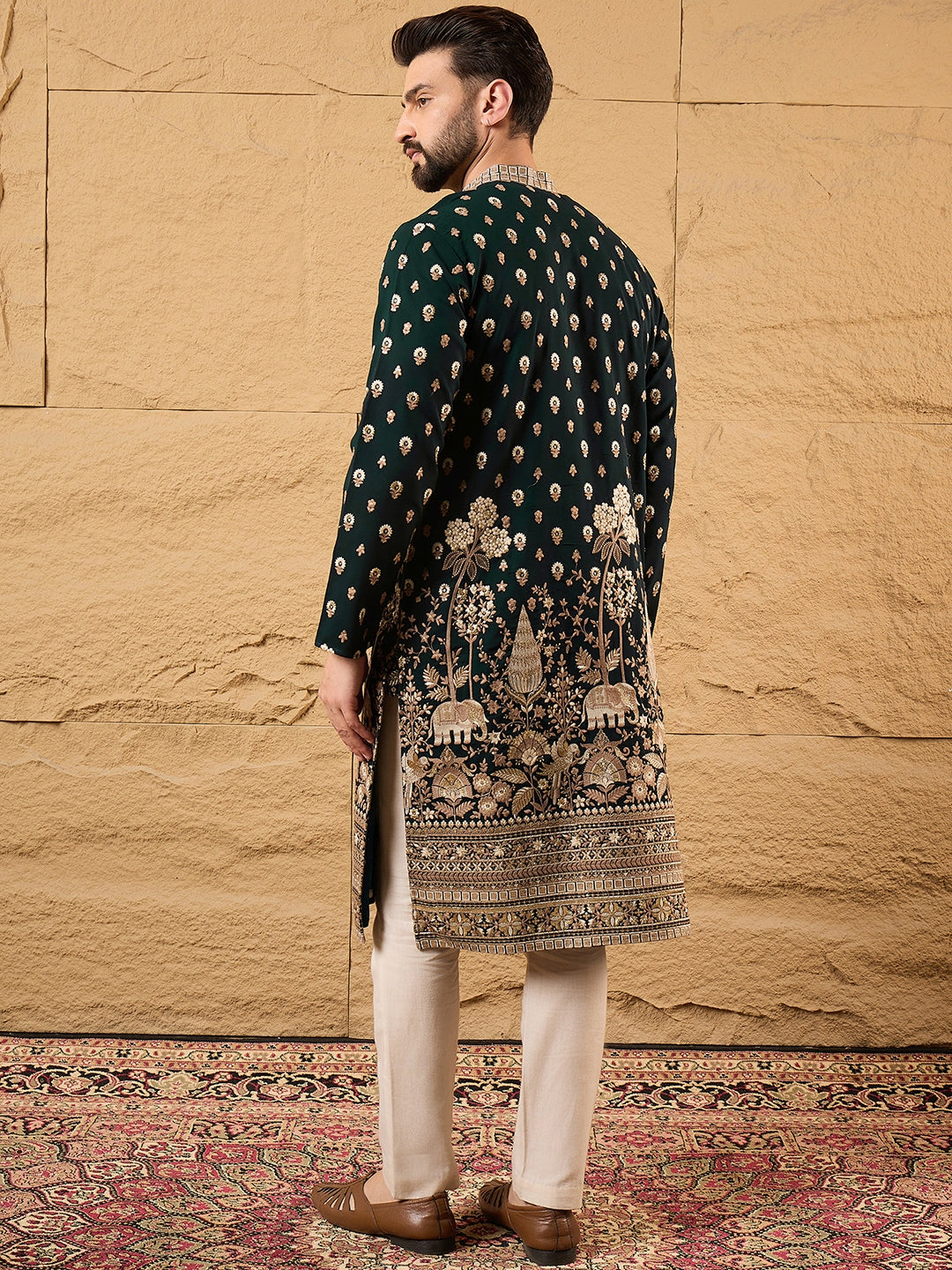 Men Green Georgette Solid Embroidered Straight Kurta with Trouser-MKSET1199