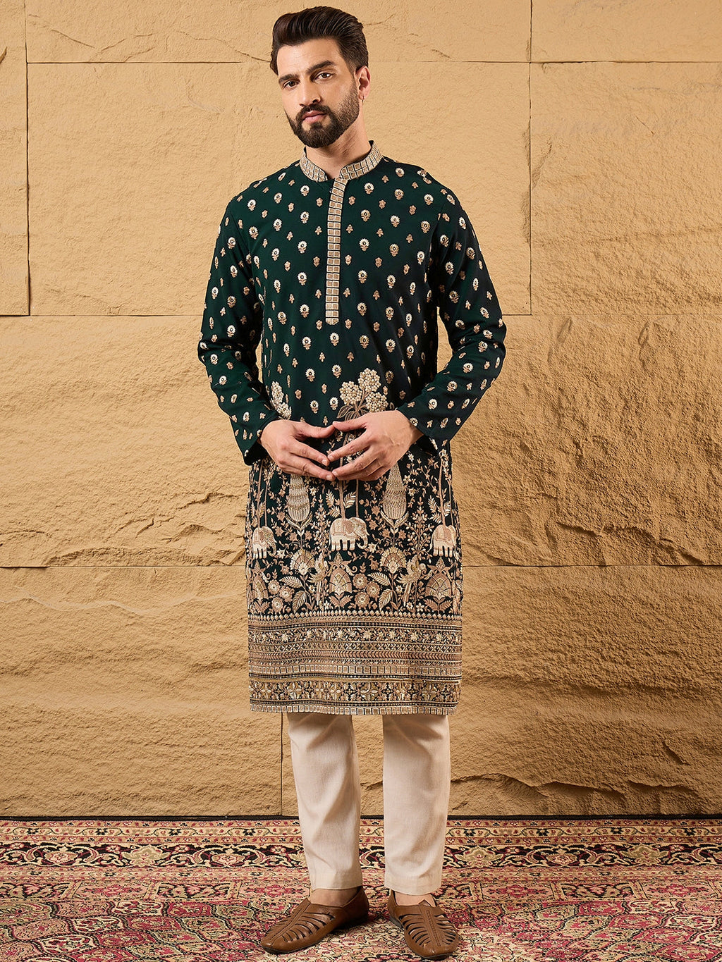 Men Green Georgette Solid Embroidered Straight Kurta with Trouser-MKSET1199