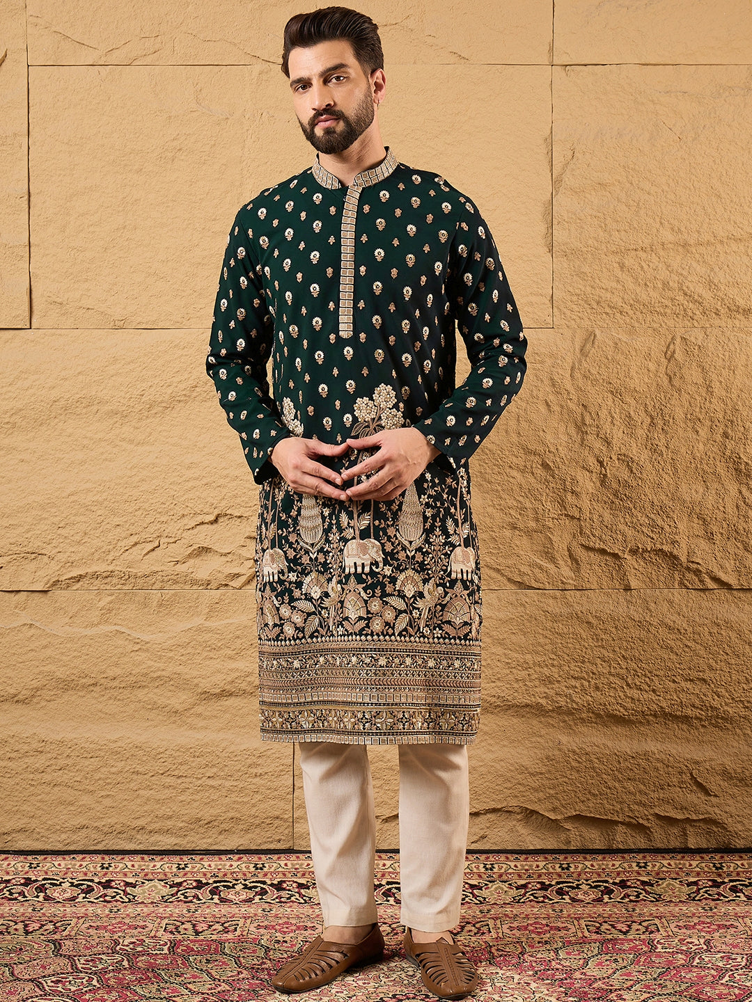 Men Green Georgette Solid Embroidered Straight Kurta with Trouser-MKSET1199