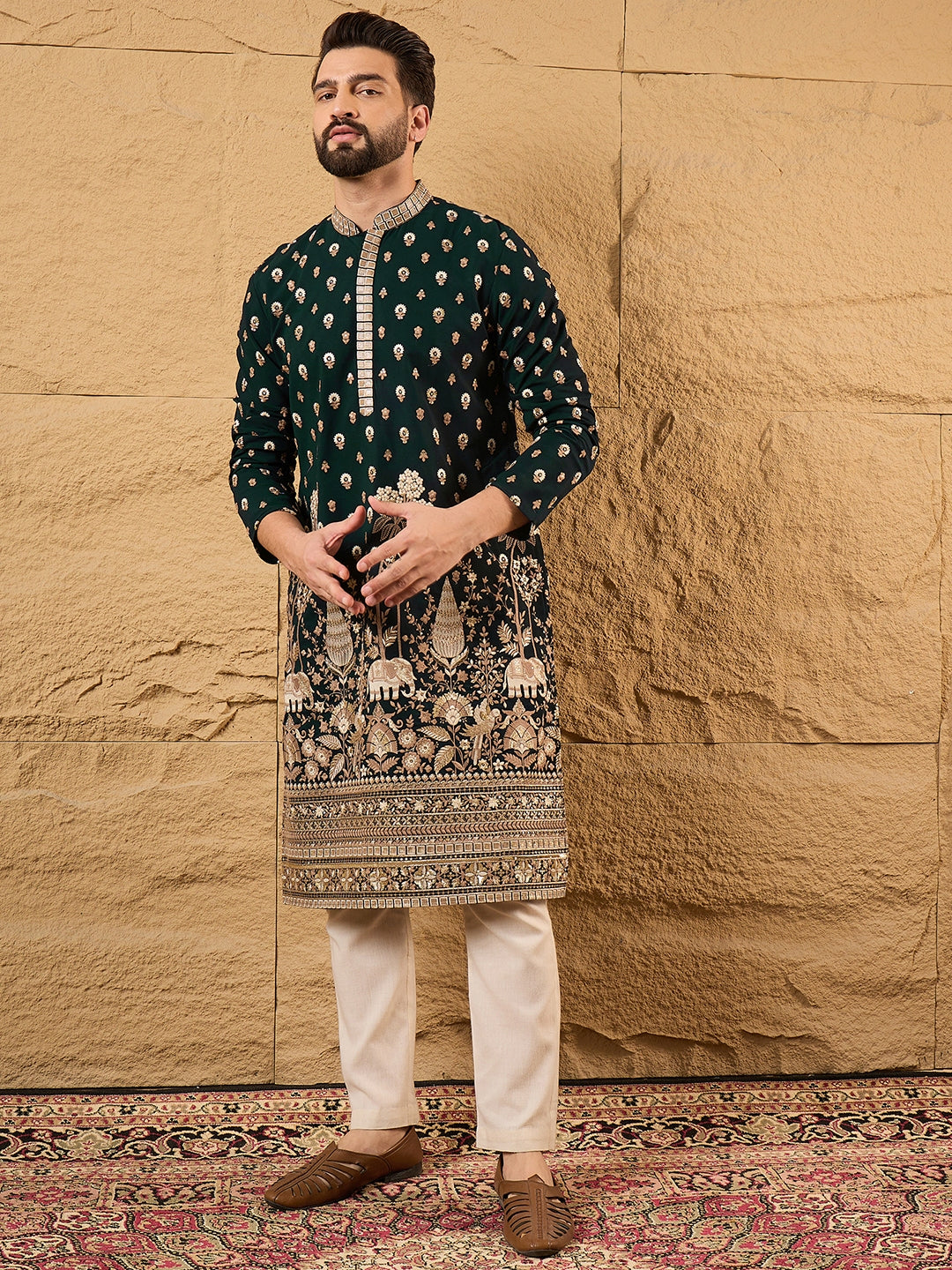 Men Green Georgette Solid Embroidered Straight Kurta with Trouser-MKSET1199