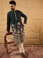Men Green Georgette Solid Embroidered Straight Kurta with Trouser-MKSET1199