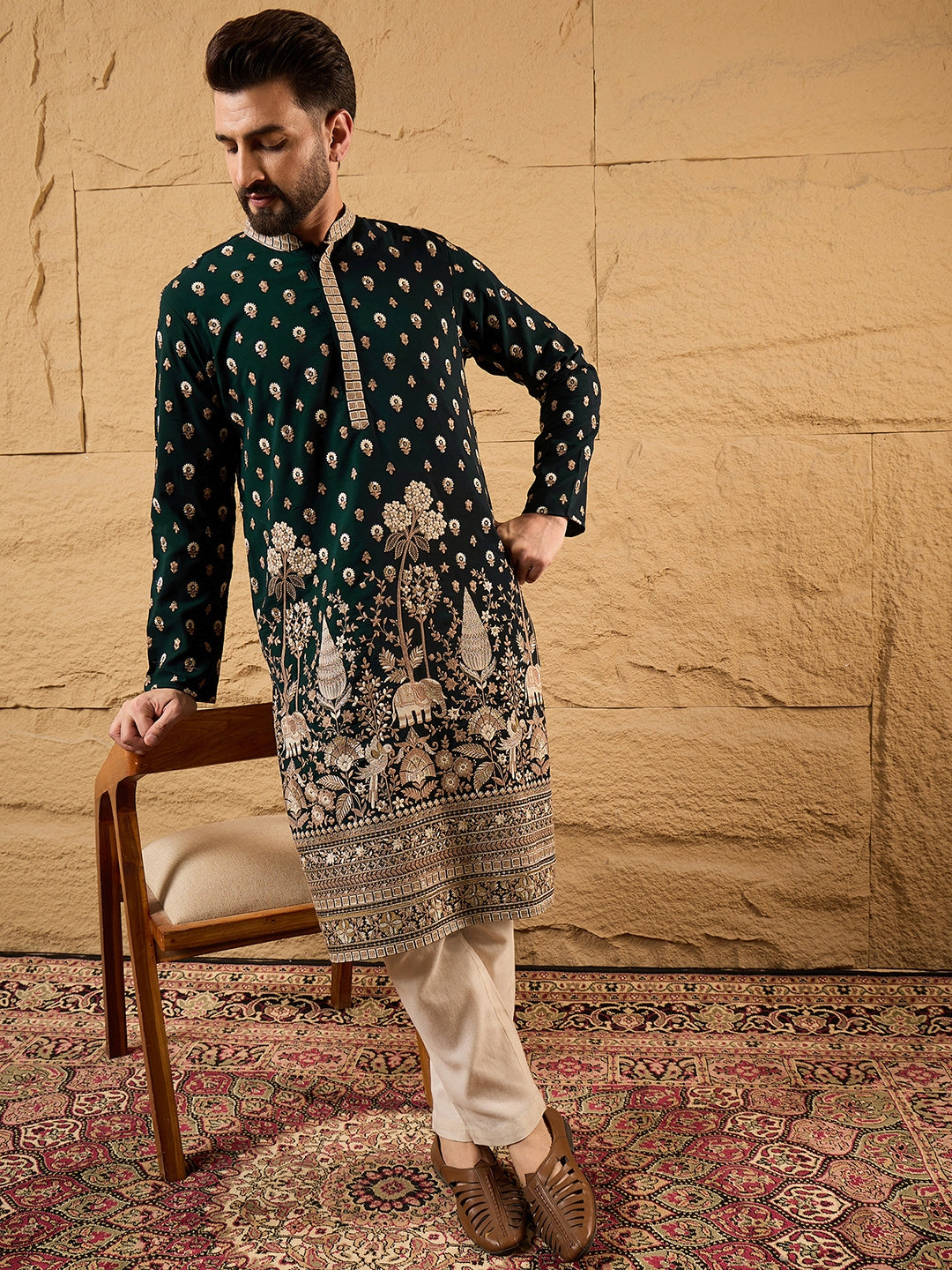 Men Green Georgette Solid Embroidered Straight Kurta with Trouser-MKSET1199