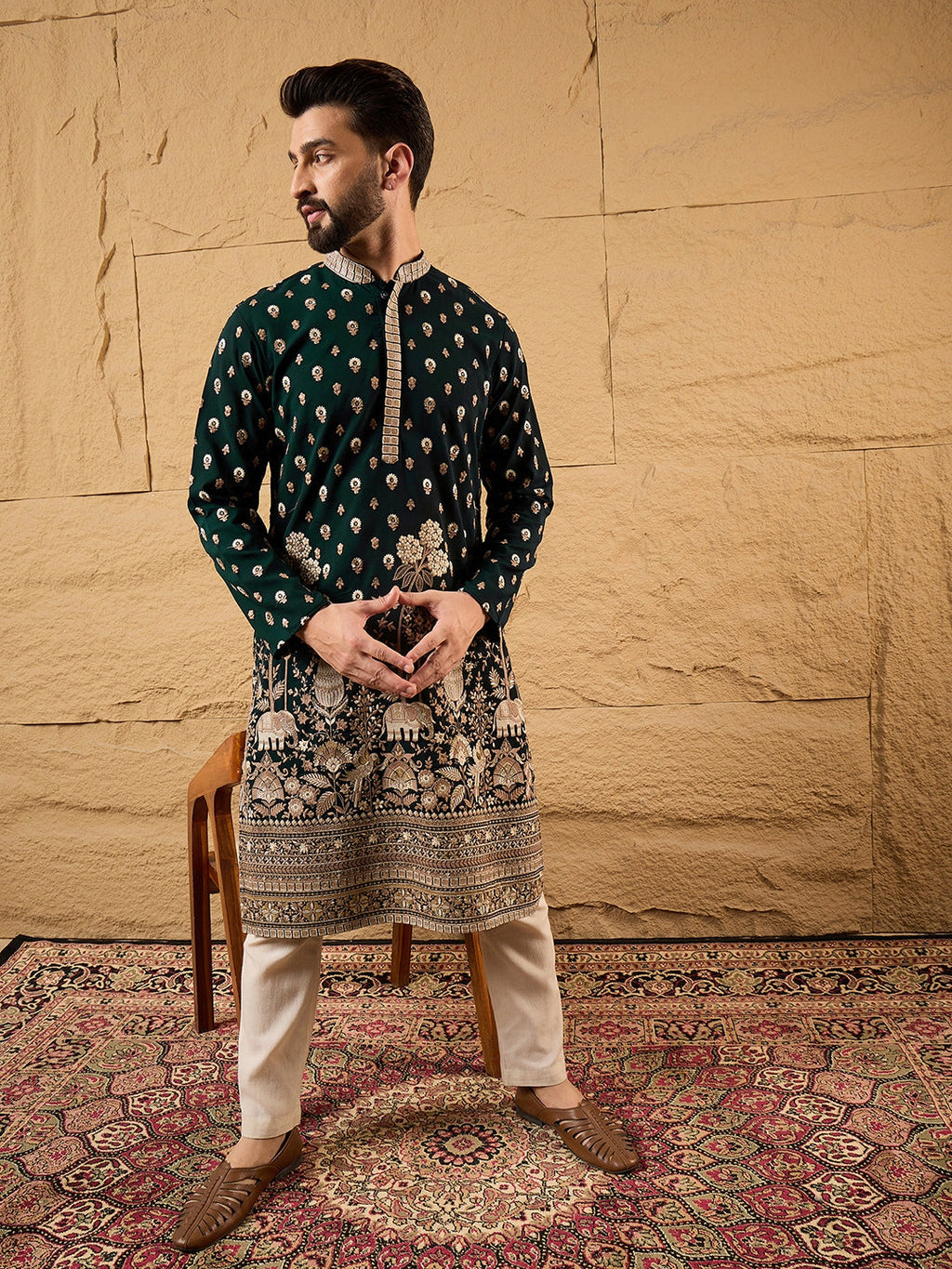 Men Green Georgette Solid Embroidered Straight Kurta with Trouser-MKSET1199