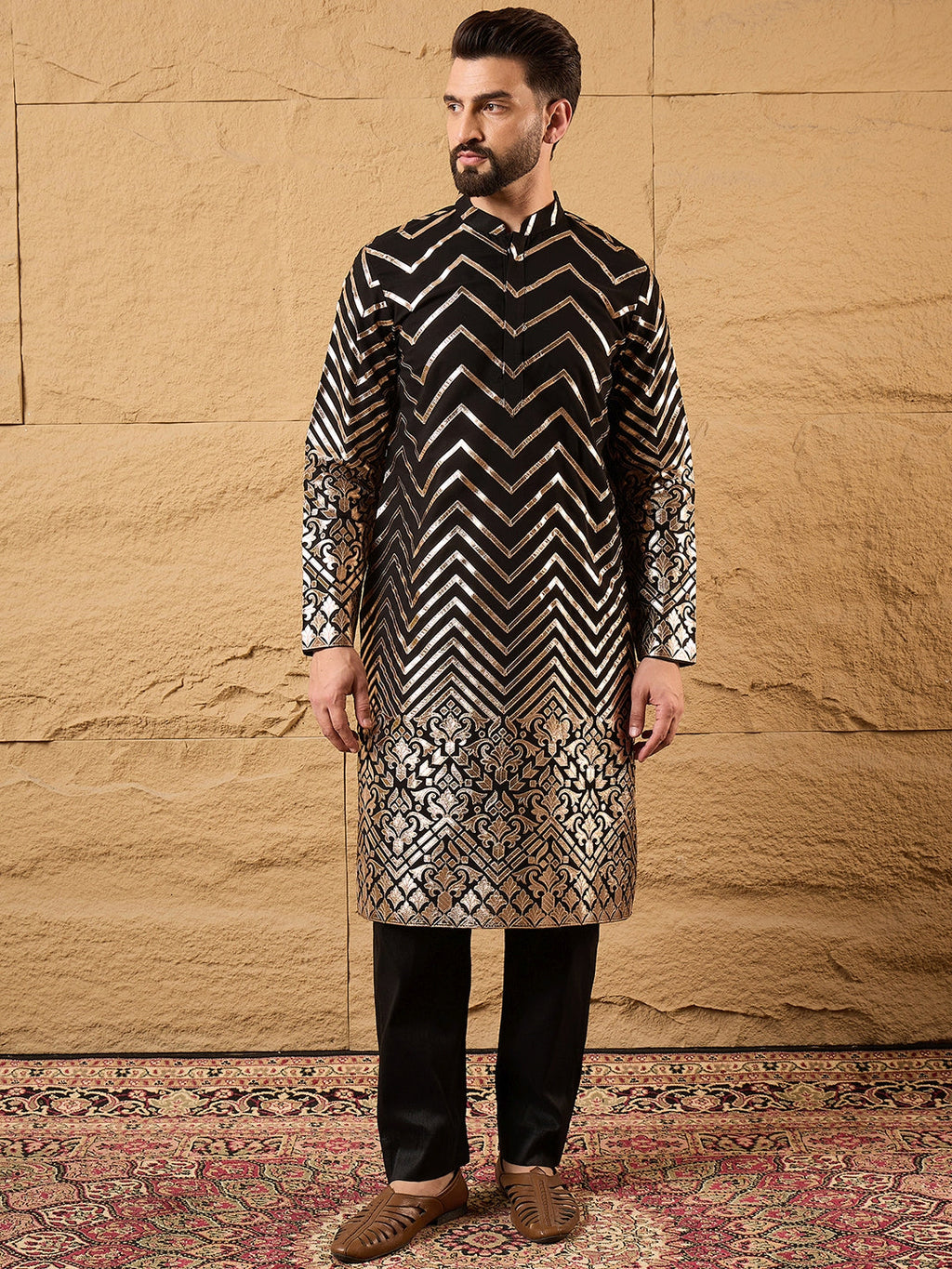 Men Black Georgette Solid Embroidered Straight Kurta with Trouser-MKSET1200