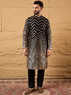 Men Black Georgette Solid Embroidered Straight Kurta with Trouser-MKSET1200