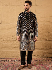 Men Black Georgette Solid Embroidered Straight Kurta with Trouser-MKSET1200