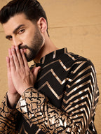 Men Black Georgette Solid Embroidered Straight Kurta with Trouser-MKSET1200