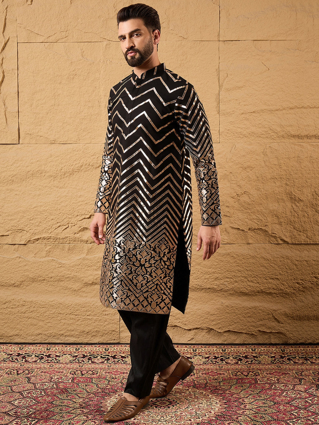 Men Black Georgette Solid Embroidered Straight Kurta with Trouser-MKSET1200