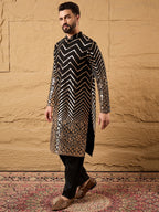 Men Black Georgette Solid Embroidered Straight Kurta with Trouser-MKSET1200