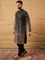 Men Black Georgette Solid Embroidered Straight Kurta with Trouser-MKSET1200
