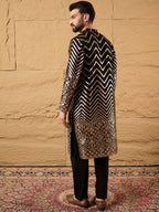 Men Black Georgette Solid Embroidered Straight Kurta with Trouser-MKSET1200