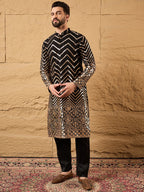 Men Black Georgette Solid Embroidered Straight Kurta with Trouser-MKSET1200