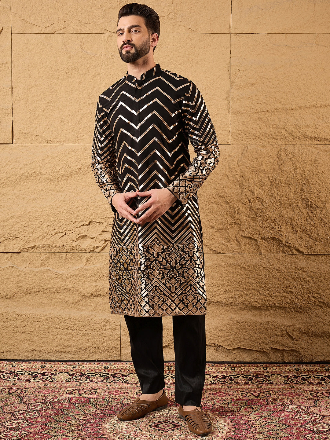 Men Black Georgette Solid Embroidered Straight Kurta with Trouser-MKSET1200