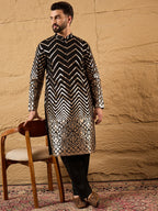 Men Black Georgette Solid Embroidered Straight Kurta with Trouser-MKSET1200