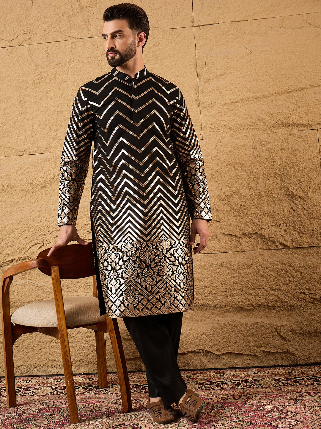 Men Black Georgette Solid Embroidered Straight Kurta with Trouser-MKSET1200