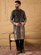 Men Black Georgette Solid Embroidered Straight Kurta with Trouser-MKSET1200
