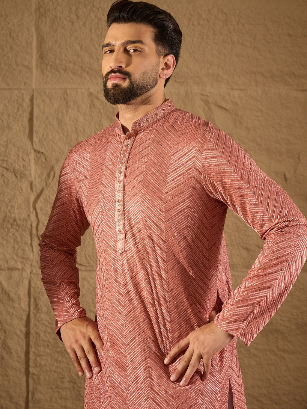 Men Pink Viscose Rayon Solid Embroidered Straight Kurta with Trousers-MKSET1201