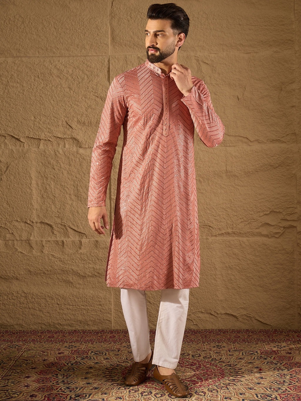 Men Pink Viscose Rayon Solid Embroidered Straight Kurta with Trousers-MKSET1201