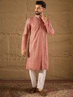 Men Pink Viscose Rayon Solid Embroidered Straight Kurta with Trousers-MKSET1201