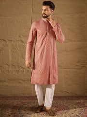 Men Pink Viscose Rayon Solid Embroidered Straight Kurta with Trousers-MKSET1201