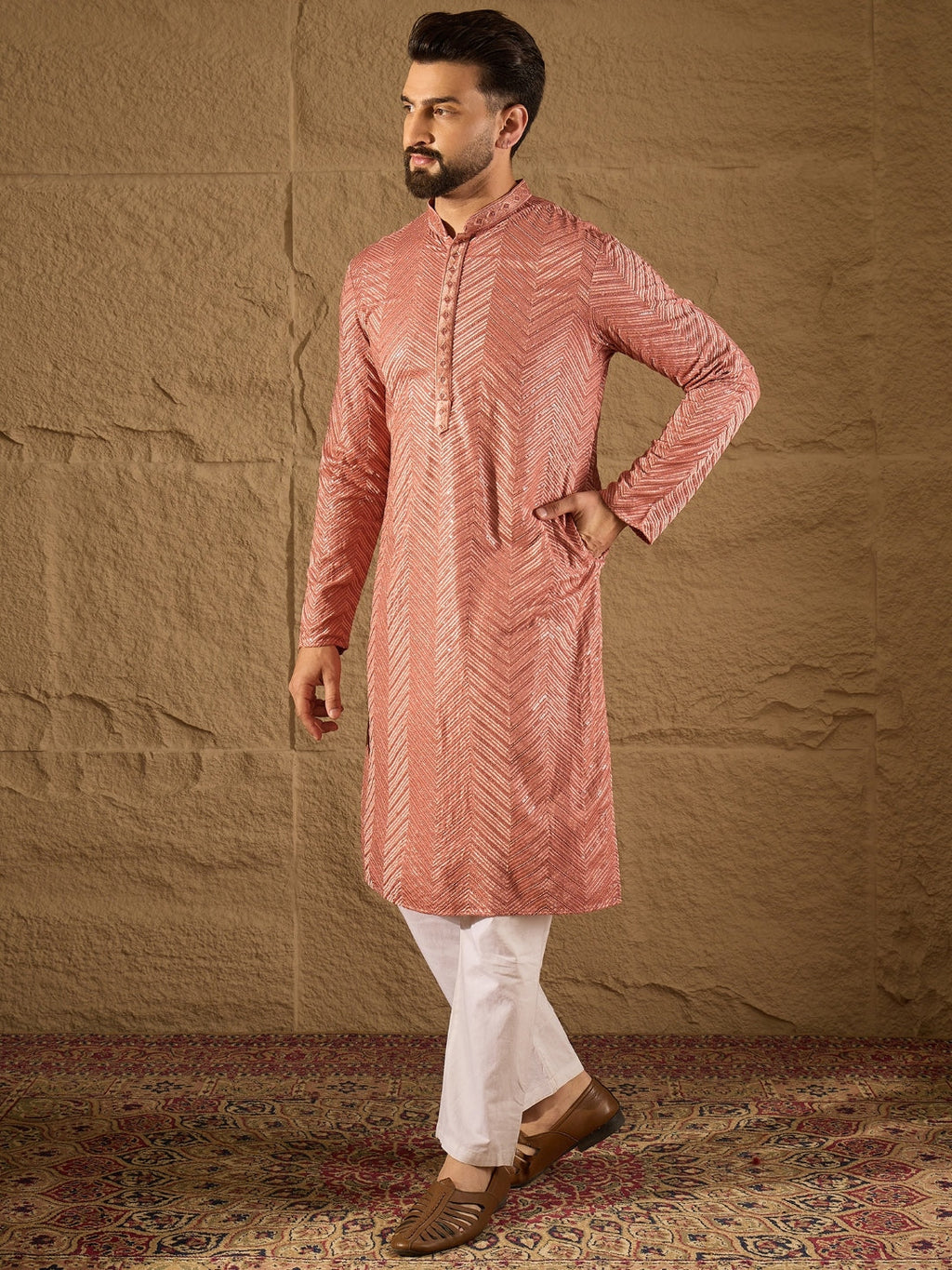 Men Pink Viscose Rayon Solid Embroidered Straight Kurta with Trousers-MKSET1201