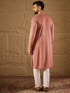 Men Pink Viscose Rayon Solid Embroidered Straight Kurta with Trousers-MKSET1201