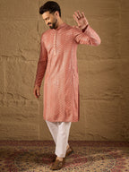 Men Pink Viscose Rayon Solid Embroidered Straight Kurta with Trousers-MKSET1201