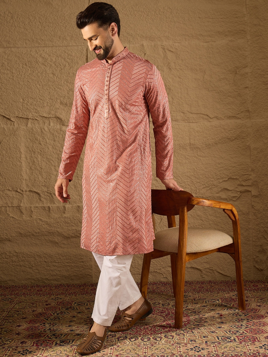 Men Pink Viscose Rayon Solid Embroidered Straight Kurta with Trousers-MKSET1201