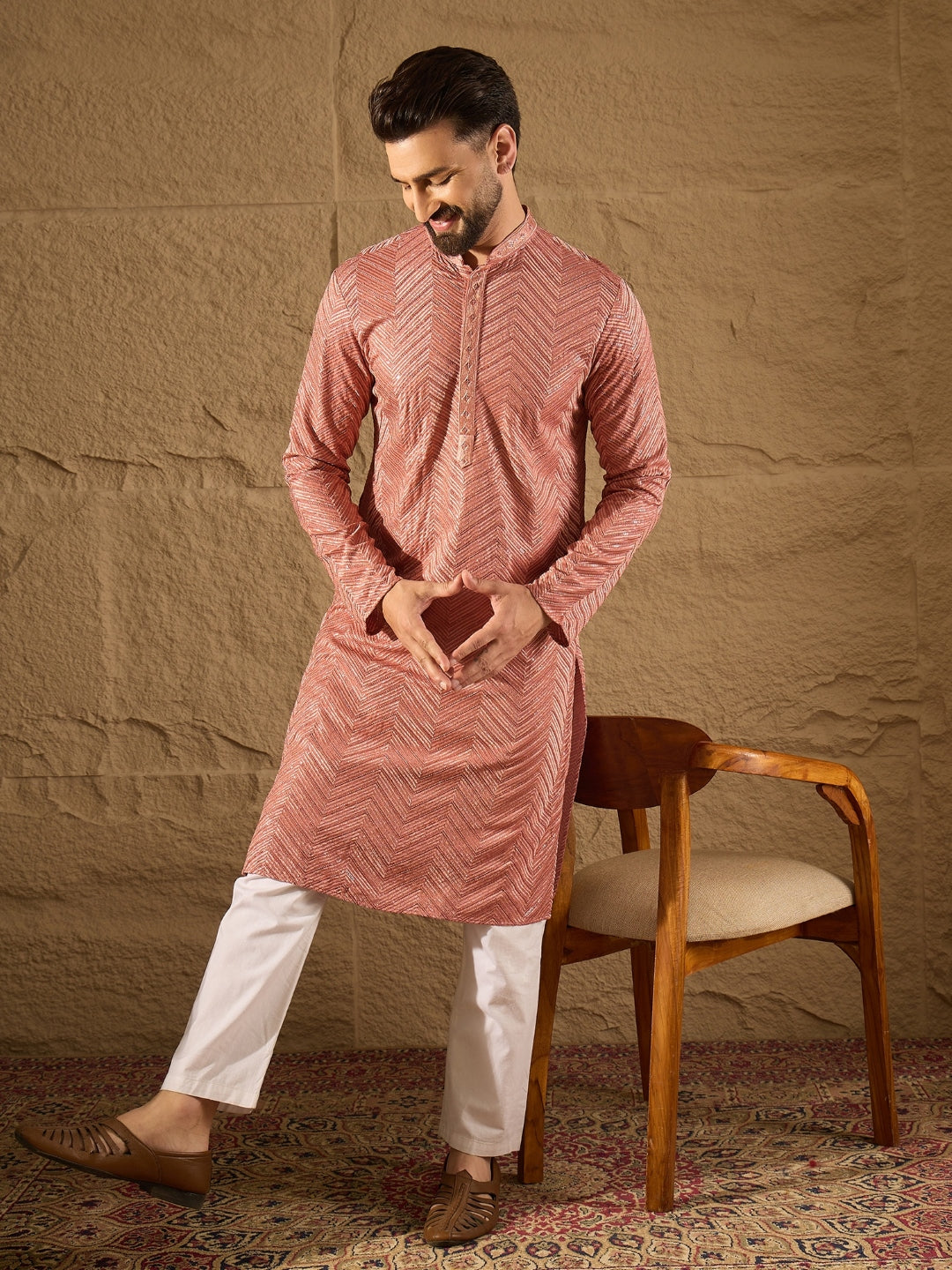 Men Pink Viscose Rayon Solid Embroidered Straight Kurta with Trousers-MKSET1201