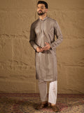 Men Grey Viscose Rayon Solid Embroidered Straight Kurta with Trousers-MKSET1202